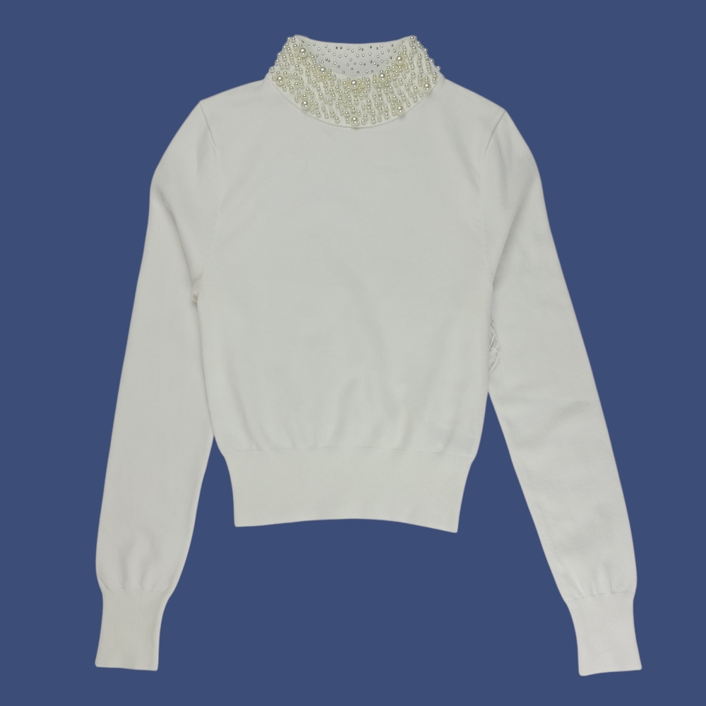 Pearl Mock Neck White Fitted Cropped Sweater Long Sleeve Women/Juniors Size XS